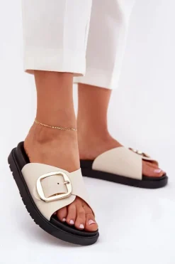 Outlet Boto Klapki Damskie Na Platformie Ze Złotą Klamrą Beżowe Jovira Beżowy