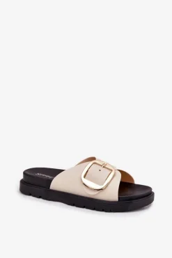 Outlet Boto Klapki Damskie Na Platformie Ze Złotą Klamrą Beżowe Jovira Beżowy