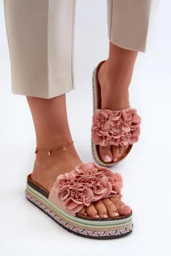 Damskie Boto Klapki Damskie Na Platformie Ozdobione Kwiatkami Różowe Nodina