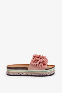 Damskie Boto Klapki Damskie Na Platformie Ozdobione Kwiatkami Różowe Nodina