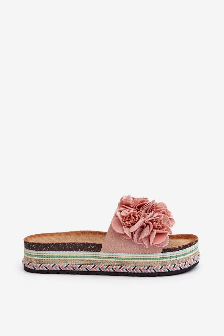 Damskie Boto Klapki Damskie Na Platformie Ozdobione Kwiatkami Różowe Nodina