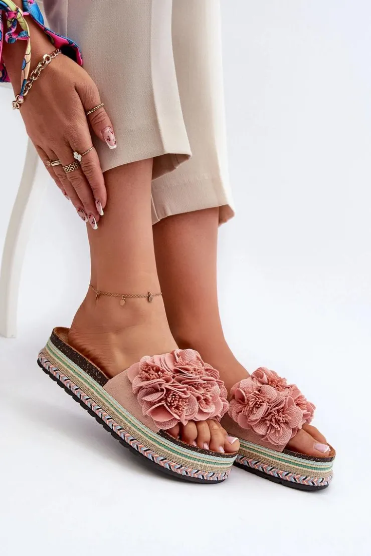 Damskie Boto Klapki Damskie Na Platformie Ozdobione Kwiatkami Różowe Nodina
