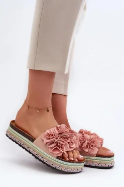 Damskie Boto Klapki Damskie Na Platformie Ozdobione Kwiatkami Różowe Nodina