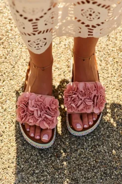 Damskie Boto Klapki Damskie Na Platformie Ozdobione Kwiatkami Różowe Nodina