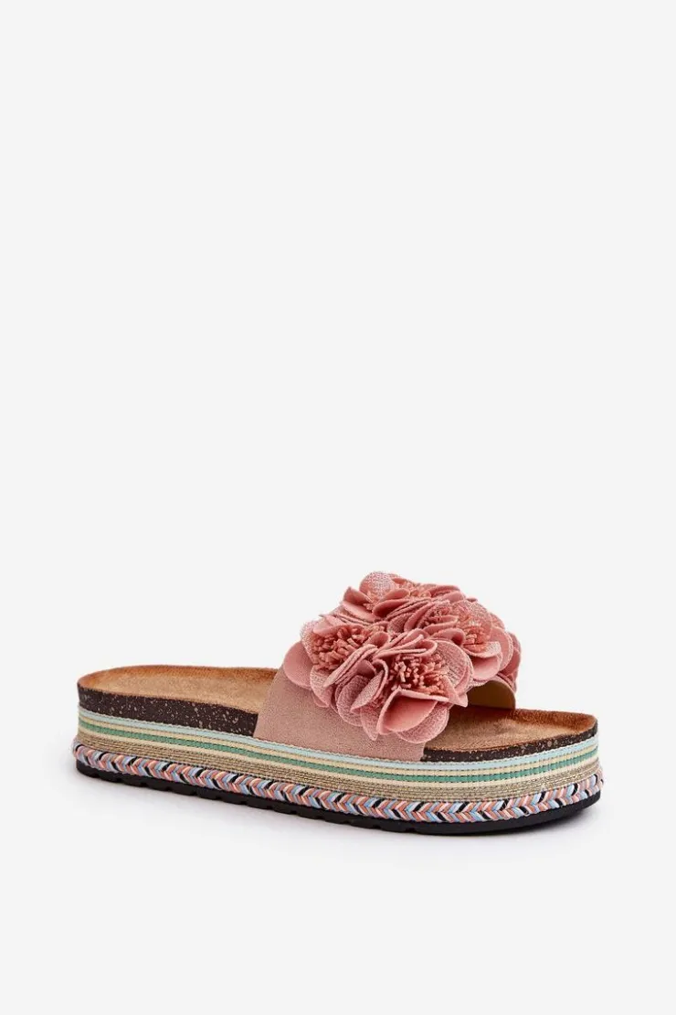 Damskie Boto Klapki Damskie Na Platformie Ozdobione Kwiatkami Różowe Nodina