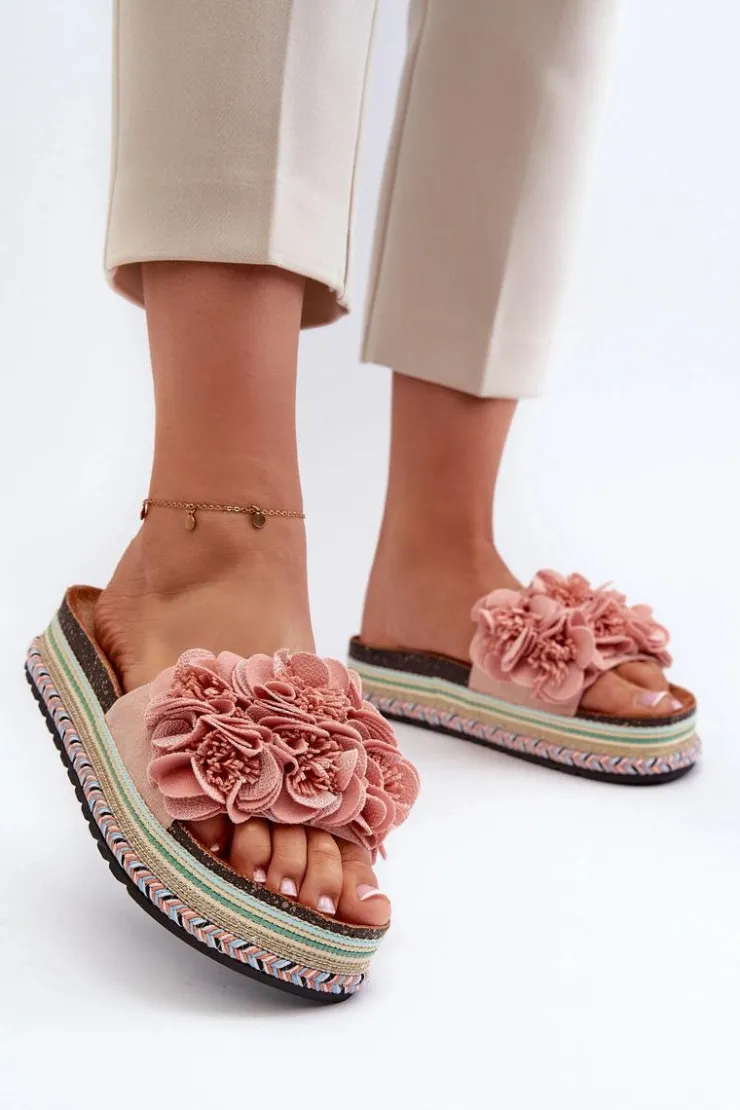 Damskie Boto Klapki Damskie Na Platformie Ozdobione Kwiatkami Różowe Nodina