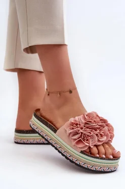 Damskie Boto Klapki Damskie Na Platformie Ozdobione Kwiatkami Różowe Nodina