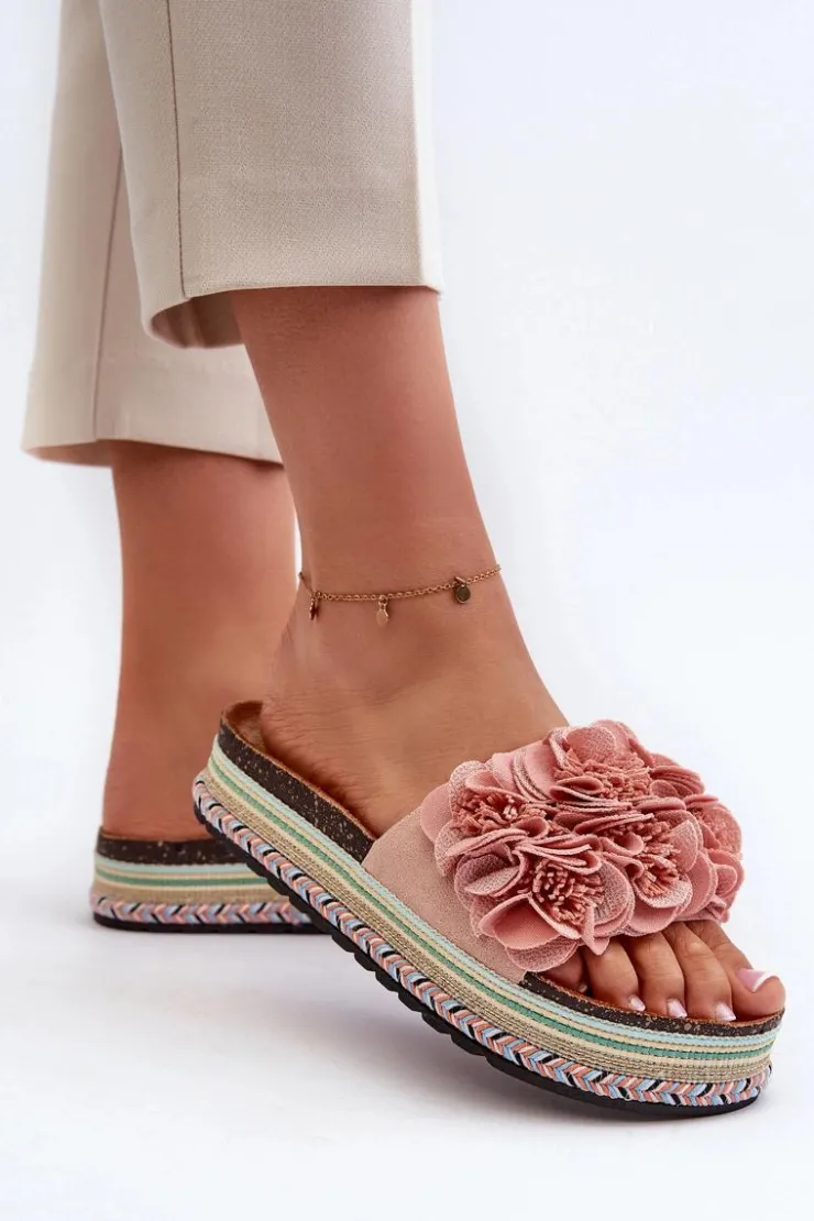 Damskie Boto Klapki Damskie Na Platformie Ozdobione Kwiatkami Różowe Nodina