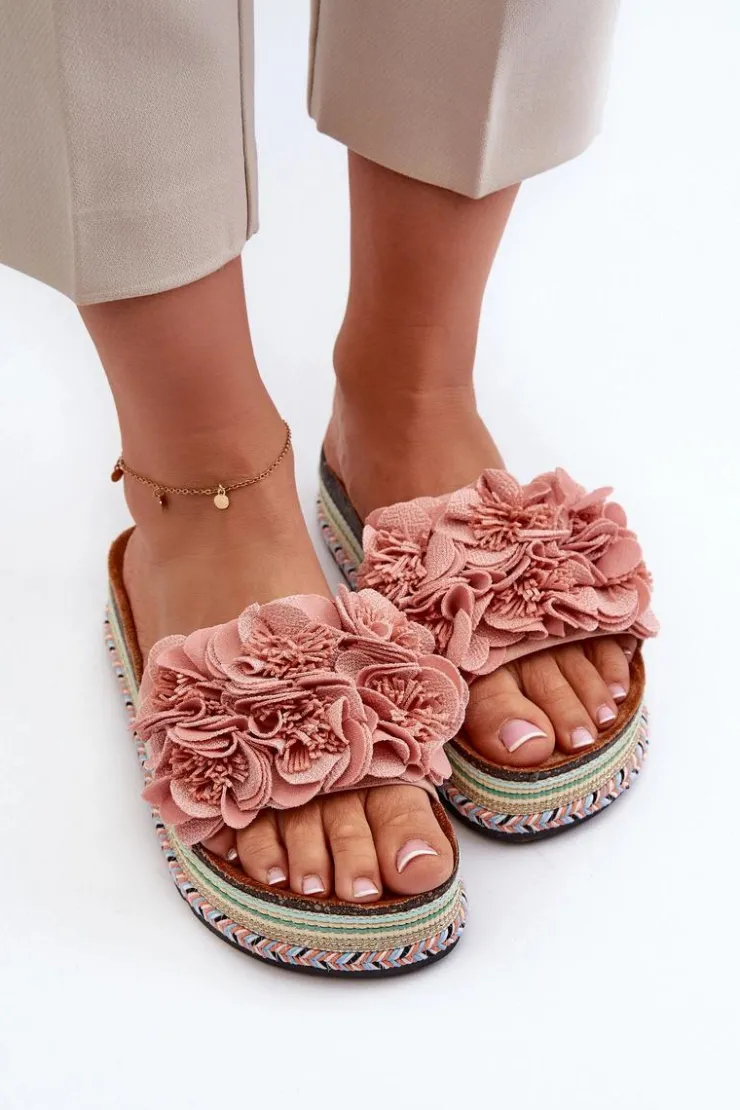 Damskie Boto Klapki Damskie Na Platformie Ozdobione Kwiatkami Różowe Nodina