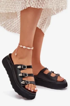 Damskie Boto Klapki Damskie Na Platformie Z Paskami Czarne Nimiotte