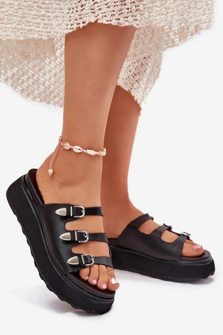 Damskie Boto Klapki Damskie Na Platformie Z Paskami Czarne Nimiotte