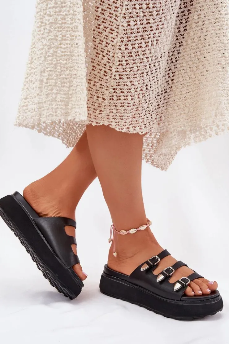 Damskie Boto Klapki Damskie Na Platformie Z Paskami Czarne Nimiotte