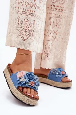 Boto Klapki Na Platformie|Klapki Damskie Klasyczne*Klapki Damskie Na Platformie Z Plecionką I Kwiatkami Niebieskie Chellia