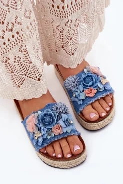 Boto Klapki Na Platformie|Klapki Damskie Klasyczne*Klapki Damskie Na Platformie Z Plecionką I Kwiatkami Niebieskie Chellia