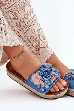 Boto Klapki Na Platformie|Klapki Damskie Klasyczne*Klapki Damskie Na Platformie Z Plecionką I Kwiatkami Niebieskie Chellia