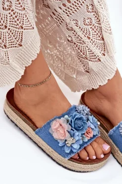Boto Klapki Na Platformie|Klapki Damskie Klasyczne*Klapki Damskie Na Platformie Z Plecionką I Kwiatkami Niebieskie Chellia