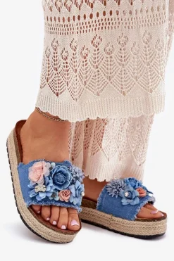 Boto Klapki Na Platformie|Klapki Damskie Klasyczne*Klapki Damskie Na Platformie Z Plecionką I Kwiatkami Niebieskie Chellia