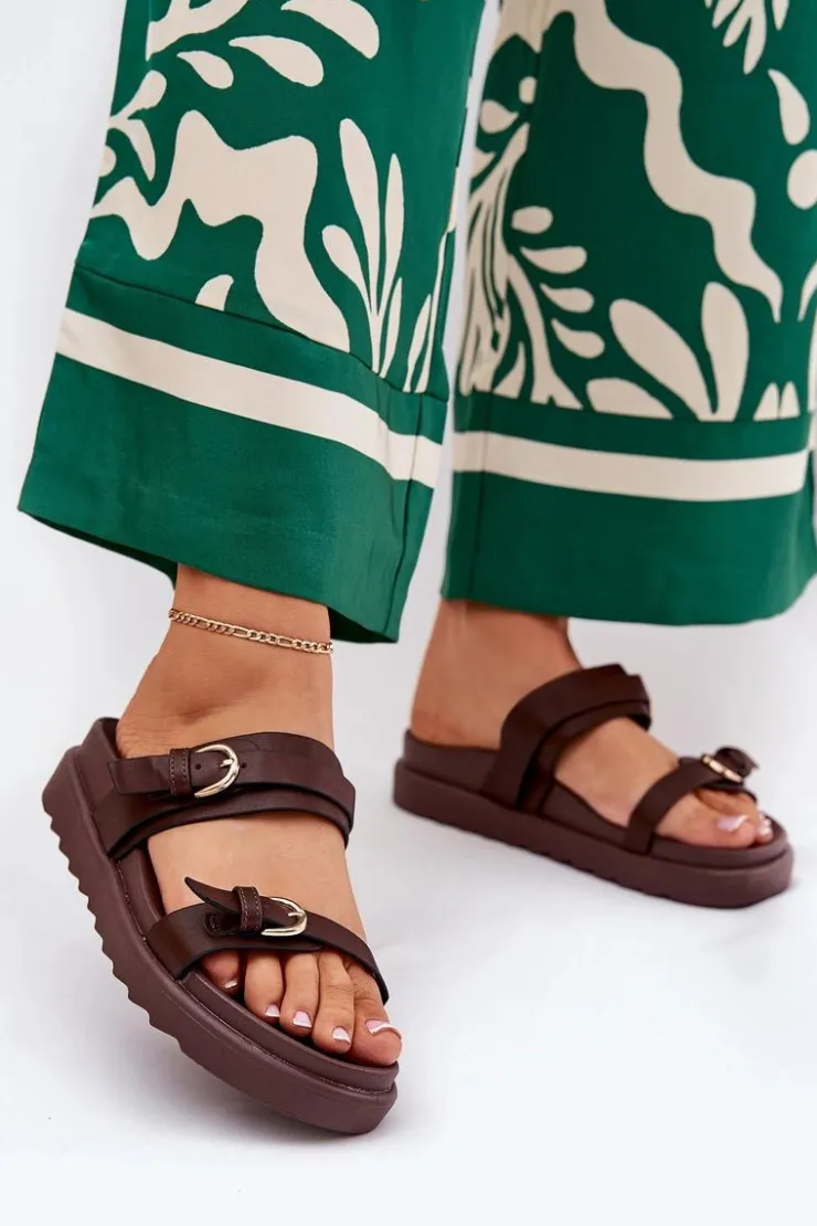 Hot Boto Klapki Damskie Na Platformie Ze Złotymi Klamrami Brązowe Wernone