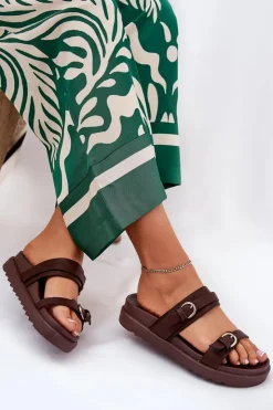 Hot Boto Klapki Damskie Na Platformie Ze Złotymi Klamrami Brązowe Wernone