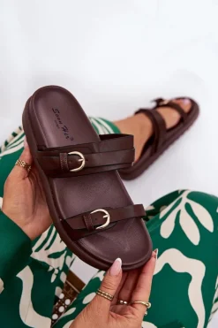 Hot Boto Klapki Damskie Na Platformie Ze Złotymi Klamrami Brązowe Wernone