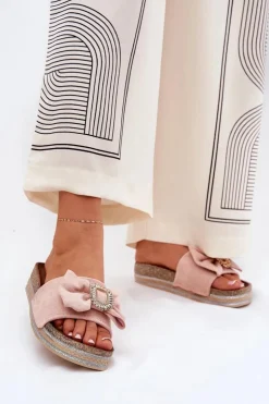 Boto Klapki Korkowe|Klapki Na Platformie*Klapki Damskie Na Platformie Z Kokardką I Ozdobną Broszką Różowe Lenela Różowy