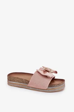 Boto Klapki Korkowe|Klapki Na Platformie*Klapki Damskie Na Platformie Z Kokardką I Ozdobną Broszką Różowe Lenela Różowy
