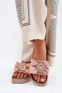 Boto Klapki Korkowe|Klapki Na Platformie*Klapki Damskie Na Platformie Z Kokardką I Ozdobną Broszką Różowe Lenela Różowy