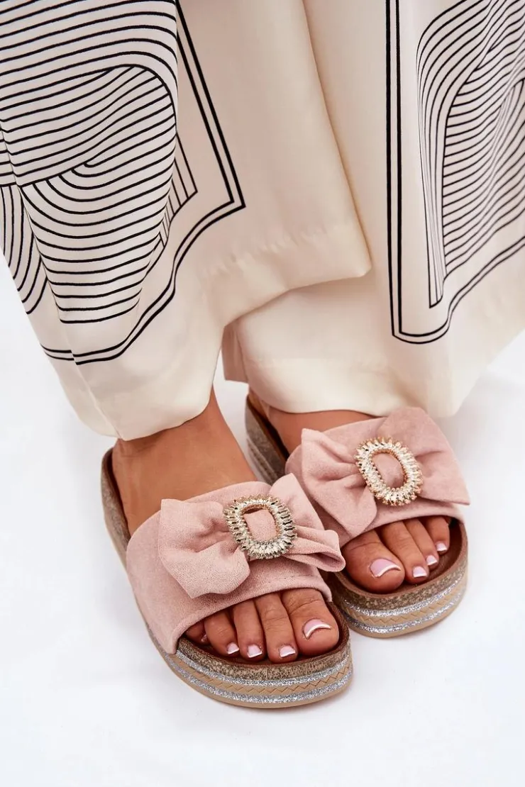 Boto Klapki Korkowe|Klapki Na Platformie*Klapki Damskie Na Platformie Z Kokardką I Ozdobną Broszką Różowe Lenela Różowy