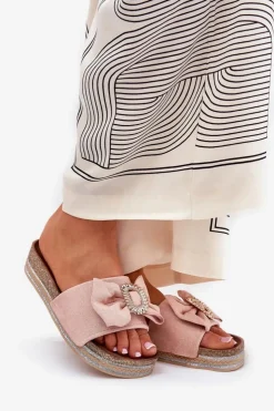 Boto Klapki Korkowe|Klapki Na Platformie*Klapki Damskie Na Platformie Z Kokardką I Ozdobną Broszką Różowe Lenela Różowy