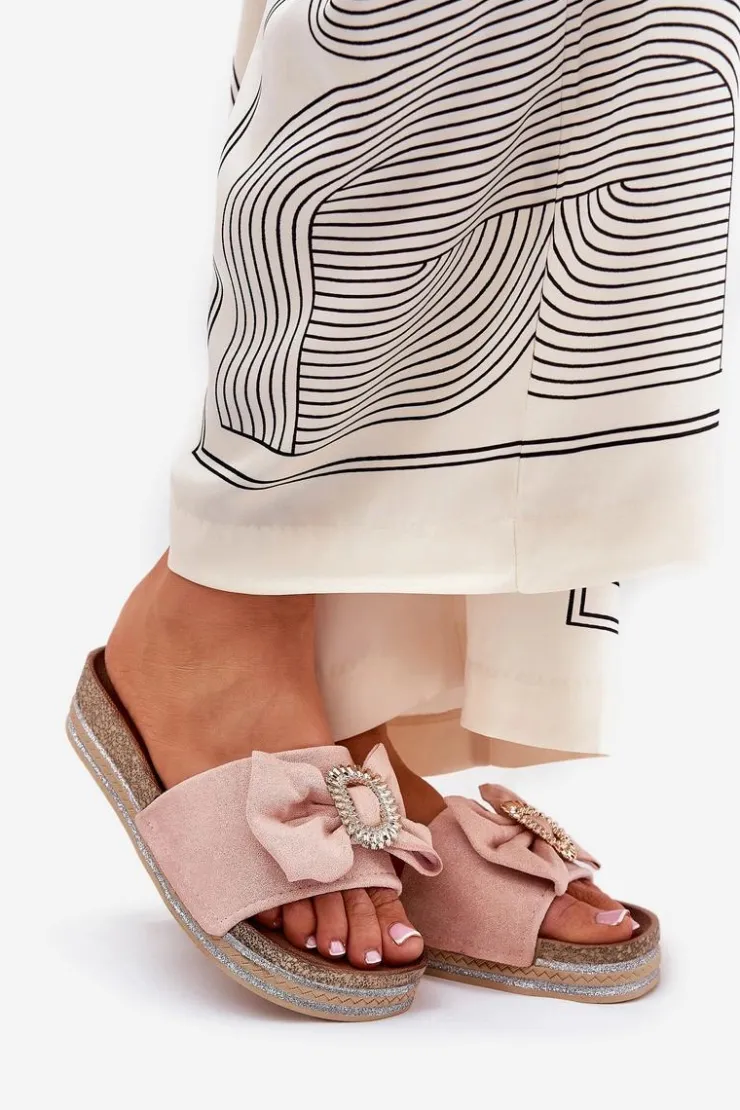 Boto Klapki Korkowe|Klapki Na Platformie*Klapki Damskie Na Platformie Z Kokardką I Ozdobną Broszką Różowe Lenela Różowy