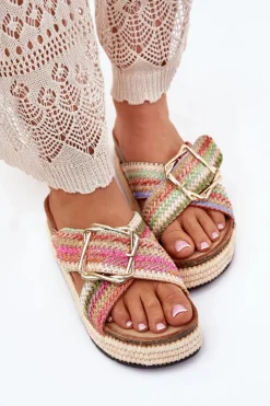 Damskie Boto Klapki Damskie Na Platformie Z Plecionką I Złotą Klamrą Multikolor Filazzia