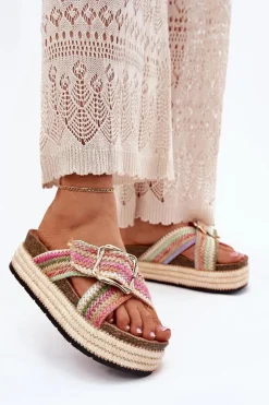 Damskie Boto Klapki Damskie Na Platformie Z Plecionką I Złotą Klamrą Multikolor Filazzia