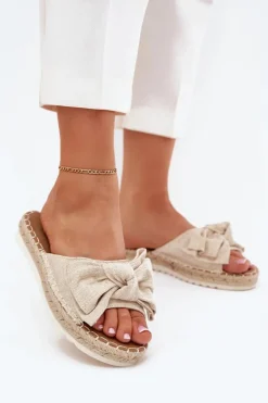 Outlet Boto Klapki Damskie Na Platformie Z Plecionką I Kokardką Beżowe Alpireda Beżowy
