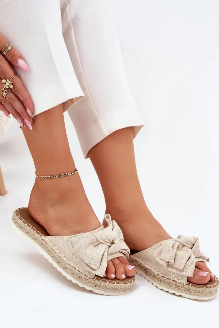 Outlet Boto Klapki Damskie Na Platformie Z Plecionką I Kokardką Beżowe Alpireda Beżowy