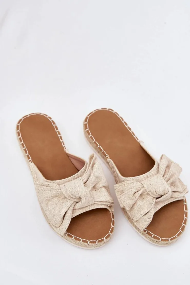 Outlet Boto Klapki Damskie Na Platformie Z Plecionką I Kokardką Beżowe Alpireda Beżowy