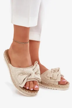 Outlet Boto Klapki Damskie Na Platformie Z Plecionką I Kokardką Beżowe Alpireda Beżowy