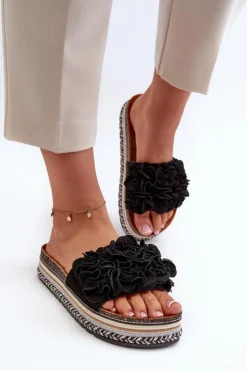 Boto Klapki Korkowe|Klapki Damskie Klasyczne*Klapki Damskie Na Platformie Ozdobione Kwiatkami Czarne Nodina