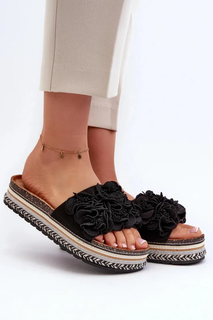 Boto Klapki Korkowe|Klapki Damskie Klasyczne*Klapki Damskie Na Platformie Ozdobione Kwiatkami Czarne Nodina