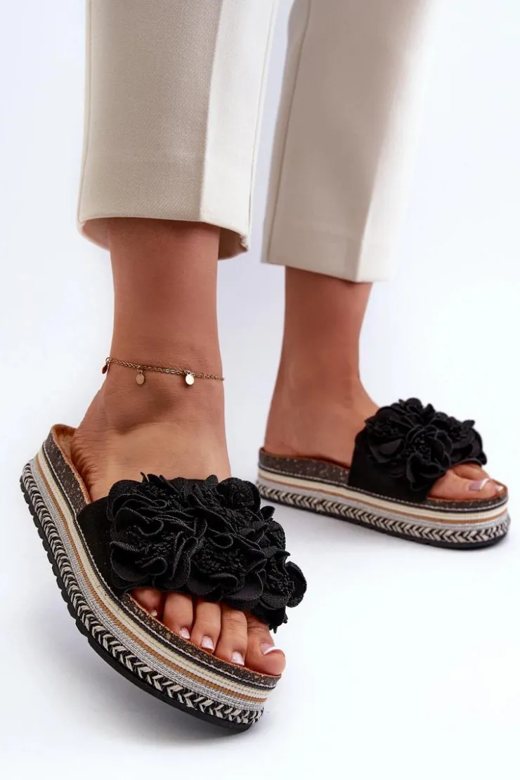 Boto Klapki Korkowe|Klapki Damskie Klasyczne*Klapki Damskie Na Platformie Ozdobione Kwiatkami Czarne Nodina