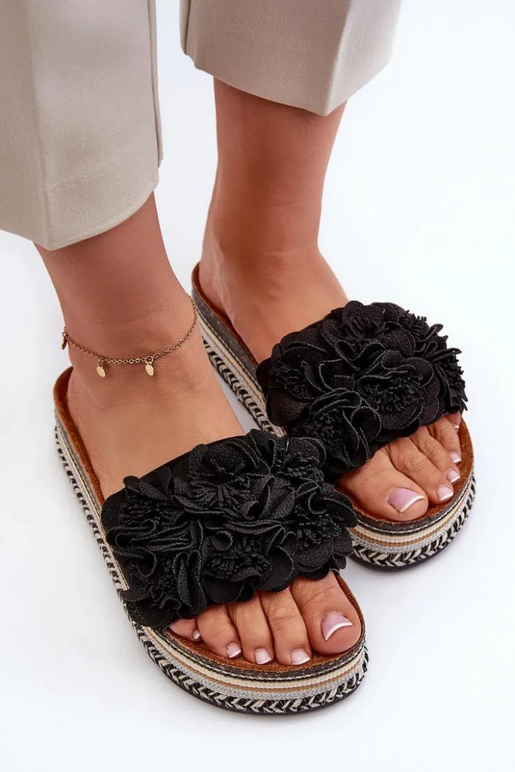 Boto Klapki Korkowe|Klapki Damskie Klasyczne*Klapki Damskie Na Platformie Ozdobione Kwiatkami Czarne Nodina