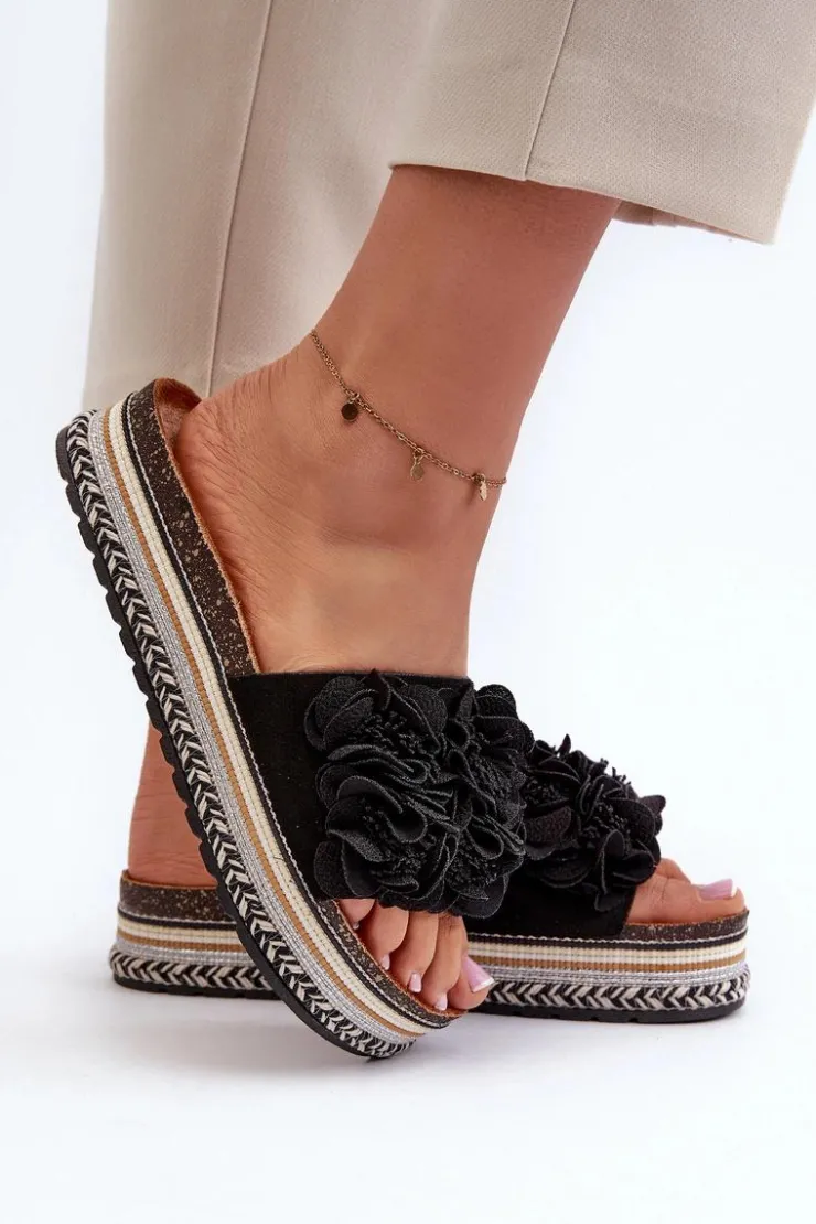 Boto Klapki Korkowe|Klapki Damskie Klasyczne*Klapki Damskie Na Platformie Ozdobione Kwiatkami Czarne Nodina