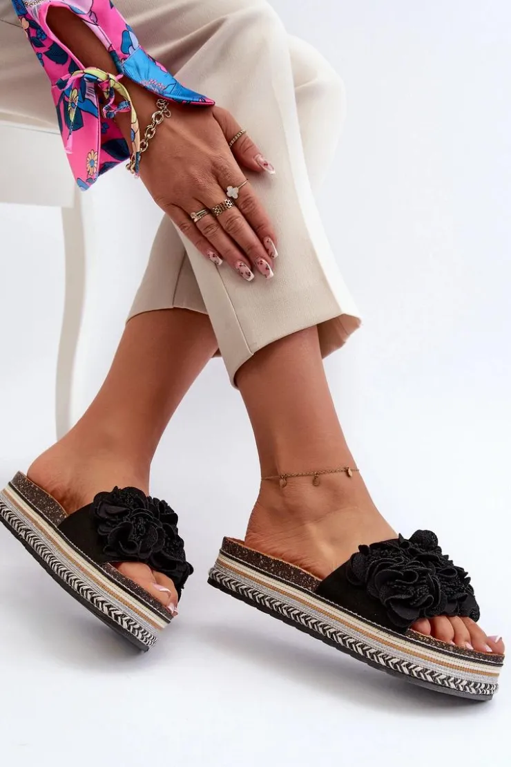 Boto Klapki Korkowe|Klapki Damskie Klasyczne*Klapki Damskie Na Platformie Ozdobione Kwiatkami Czarne Nodina