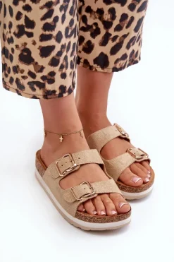 Sale Evento Klapki Damskie Na Platformie Z Klamrami Eko Zamszowe Beżowe Ursila