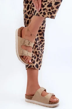 Sale Evento Klapki Damskie Na Platformie Z Klamrami Eko Zamszowe Beżowe Ursila