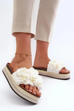 Hot Boto Klapki Damskie Na Platformie Ozdobione Kwiatkami Białe Nodina