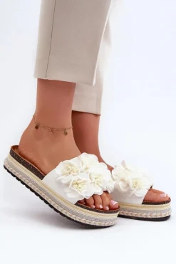 Hot Boto Klapki Damskie Na Platformie Ozdobione Kwiatkami Białe Nodina