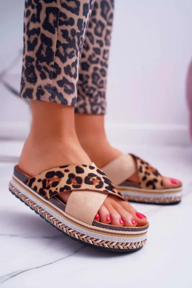 Damskie Boto Klapki Damskie Na Platformie Camel Leopard Greta