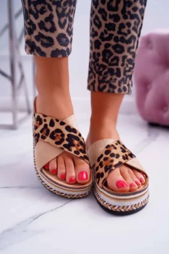 Damskie Boto Klapki Damskie Na Platformie Camel Leopard Greta