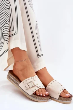 Outlet Boto Klapki Damskie Na Platformie Z Klamrą I Ćwiekami Beżowe Nusithia