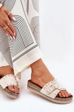 Outlet Boto Klapki Damskie Na Platformie Z Klamrą I Ćwiekami Beżowe Nusithia